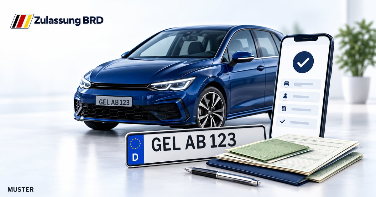 Online Fahrzeugzulassung in Bedburg-Hau: Musterkennzeichen GEL AB 123, Auto und Fahrzeugpapiere und Smartphone. Illustration mit Logo von Zulassung BRD.